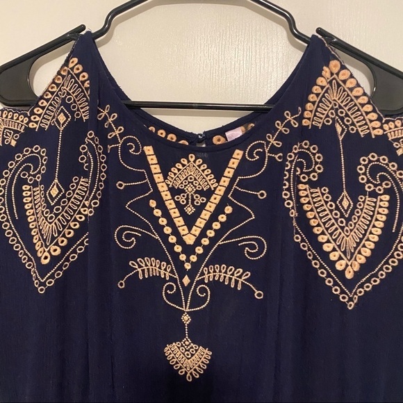 Alya Romper Navy Blue With Cream Embroidery Cold Shoulder Sleeve Short - Picture 2 of 9